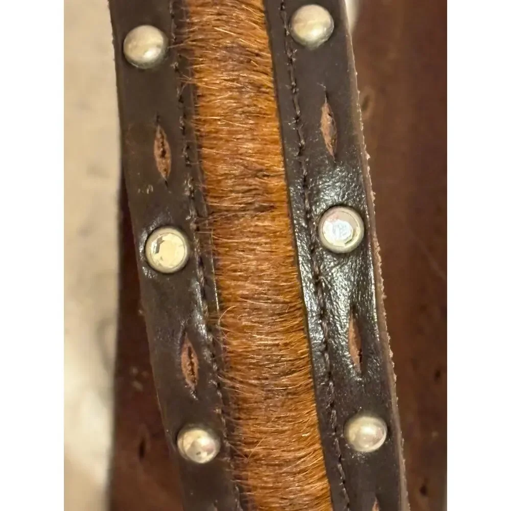 VTG Mexican Made XL Brown Hair on Hide Leather Belt With Studs and Rhinestones